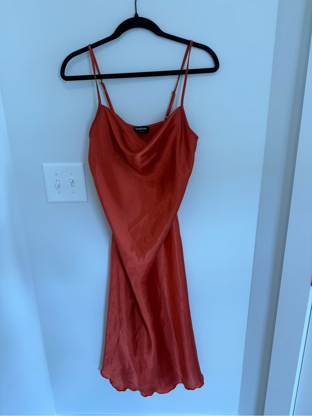 bebe Burnt Orange Satin Cowl-Front Midi Slip Dress